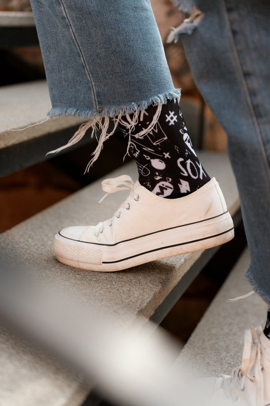 Doodle Black Casual Crew Socks